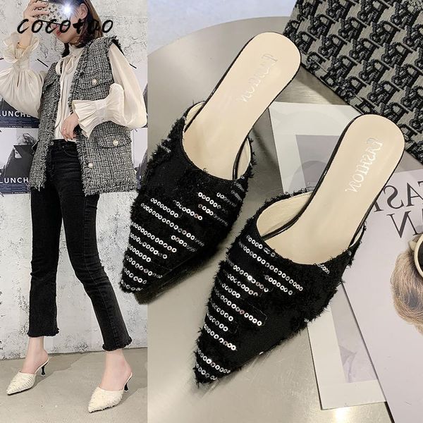 

pointed 2020 spring and summer new fashion lace sequins baotou sandals and slippers women wear women's shoes, Black