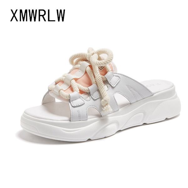 

xmwrlw genuine leather slippers for women summer shoes fashion lace up comfortable women slippers 2020 summer ladies shoe slides, Black