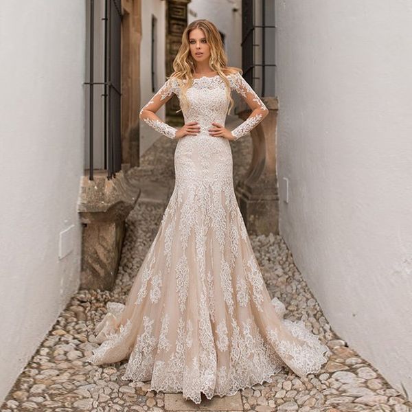 

new long sleeves champnage expensive fully lace applique mermaid wedding dress long sleeves champagne bridal gowns, White