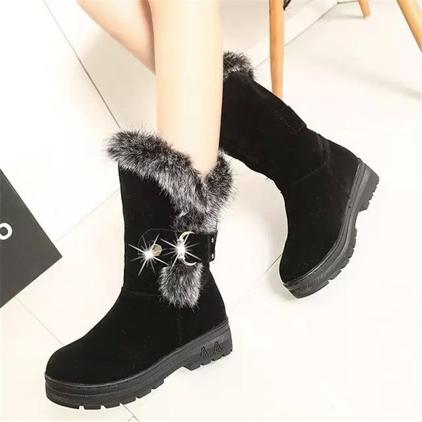 

new women boots autumn winter flock ladies fashion zipper snow boots shoes thigh high suede sweet slip-on mid-calf boots, Black