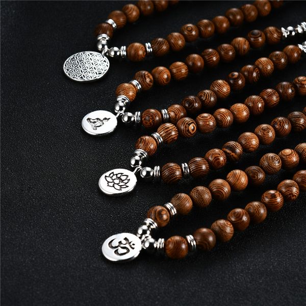 

pendant necklaces 108 wooden beads buddhism om lotus flower of life necklace for women men rosary bracelets vintage prayering jewelry, Silver