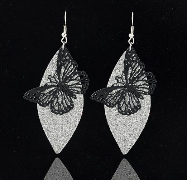 

2020 nightclub rock and roll exaggerated earrings gold silvery black retro frosted butterfly hollow long earrings 80mm*27mm, Silver