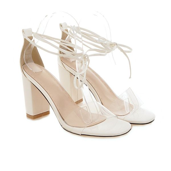 

big size transparent one word sandals with lace up high heels sandals women shoes woman summer ladies, Black