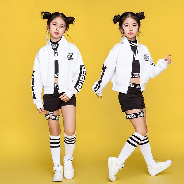 

stage wear children hip hop dance costumes kids street clothing white jacket black vest shorts girls dancewear outfit dn1740, Black;red