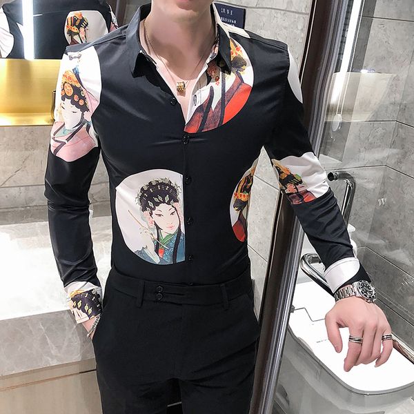 

korean men shirts autumn winter new 2020 chemise homme quality digital print long sleeve casual shirts for men clothing 3xl- c0925, White;black