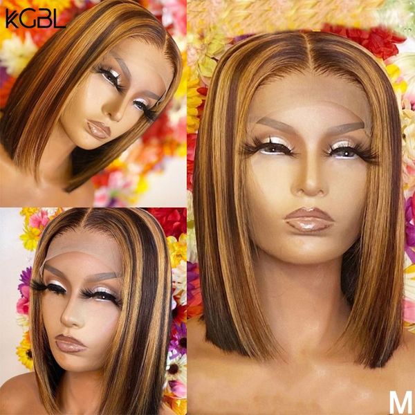 

lace wigs kgbl short bob highlight colored 4*4 closure wig front human hair brazilian non-remy 130% pre-plucked, Black;brown