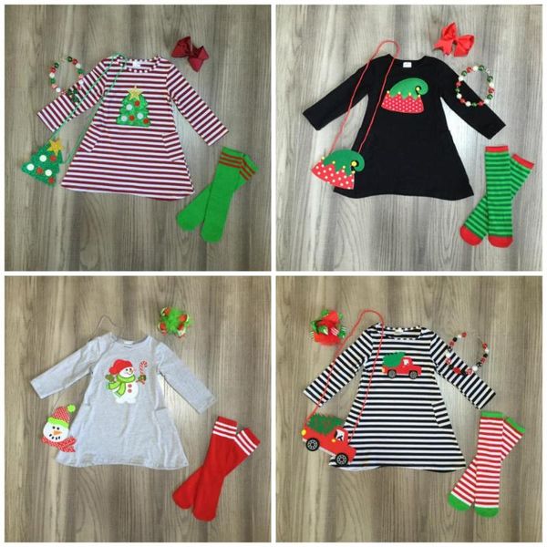 

clothing sets christmas tree snowman winter baby outfits dress stripe cotton boutique clothes knee length match necklace socks bow and purse, White
