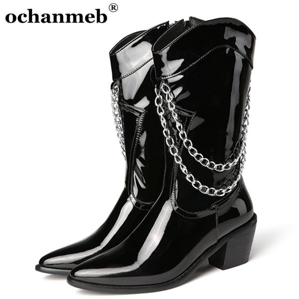 

new shiny pu patent leather mid-calf boots women chunky heels zip western boots woman cowgirl cowboy boot metal chain shoes 46, Black