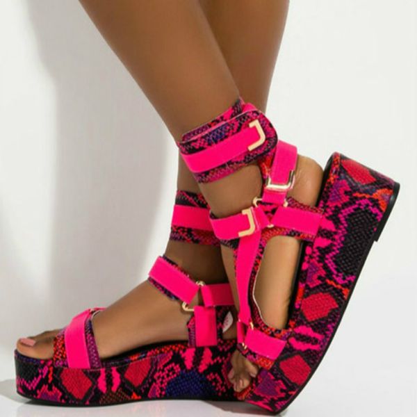 

2020 design ladies gladiator sandals colorful summer snake sandals women platform wedges shoes woman big size 34-44, Black