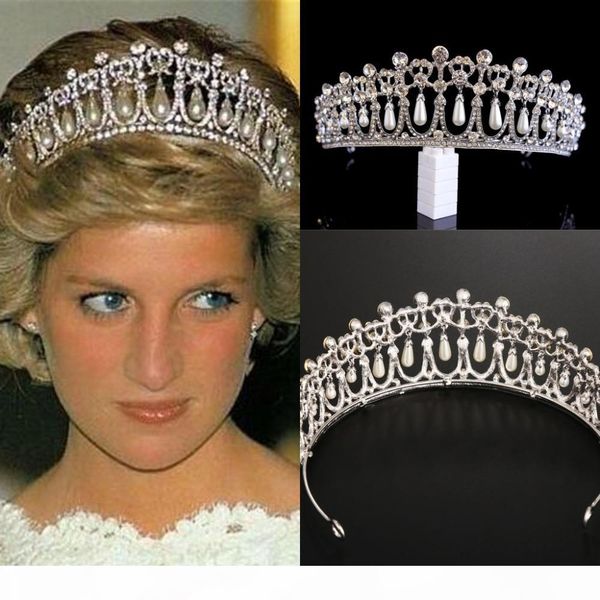 

vintage silver queen princess diana crown crystal pearl diadem for bridal hair accessories bride tiara headbands tiara de noiva, White;golden