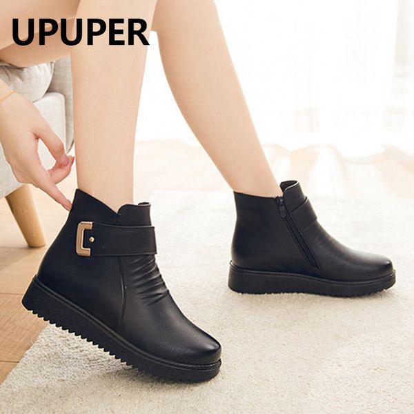 

upuper black wedge womens winter boots non-slip warm fur ankle boots women leather for mother winter shoes famale