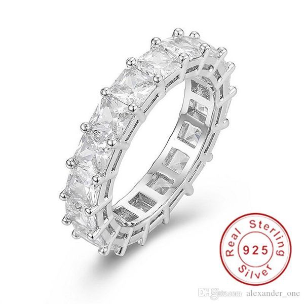 

925 silver pave asscher cut full square simulated diamond cz eternity band engagement wedding stone rings size 5,6,7,8,9,10, Slivery;golden