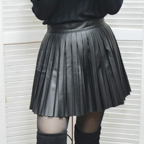 

septhydrogen brand designer autumn winter women mini skirt high waist black apricot pleated skirts womens pu streetwear jupe femme saia