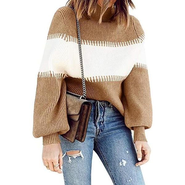 

women autumn turtle neck long puff sleeve stitching color block pullover soft warm sweater knitwear, White;black