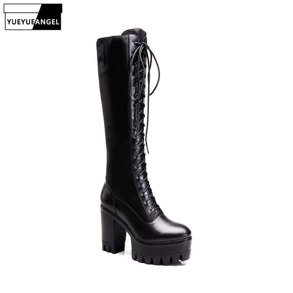 

lace-up platform thigh high boots women genuine cowhide thick high heel stretch long boots winter short plush black booties