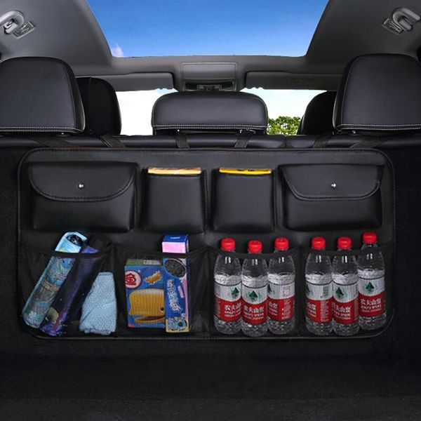 

pu leather universal auto car organizer trunk rear back seat storage bag mesh net pocket stowing tidying interior car styling