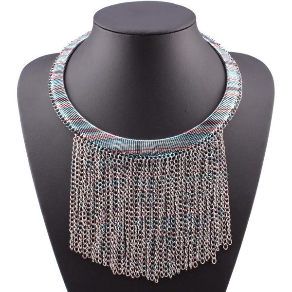 

fashionable new design autumn alloy metal necklace collar chunky chain tassel pendant choker necklace for women jewelry, Silver