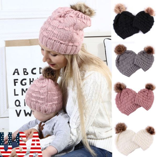 

christmas hats women baby warm knit wool beanie fur pom bobble hat crochet cap parent-child winter hats knit with venonat