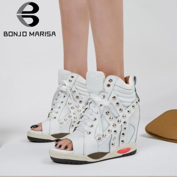 

bonjomarisa punk rivet decorating fashion high height increasing pumps women elegant autumn peep toe shoes woman, Black