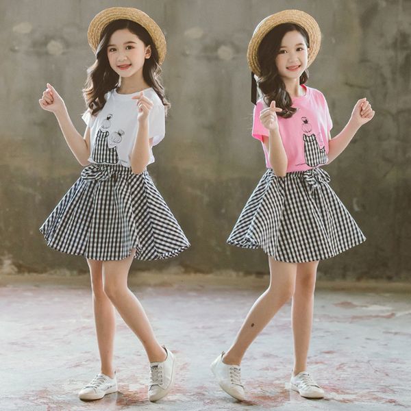 

children kids baby girls fashion cartoon tee plaid shorts set outfits, White
