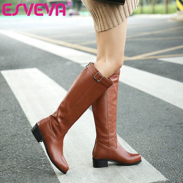 

esveva 2021 knee high boots women boots autumn winter pu leather women shoes pointed toe low heel zipper size 34-43, Black