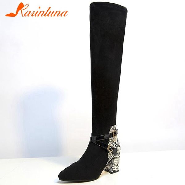 

karin new female slim boots flock buckle slip on pointed toe thick heels thigh high women boots over the knee women shoes, Black