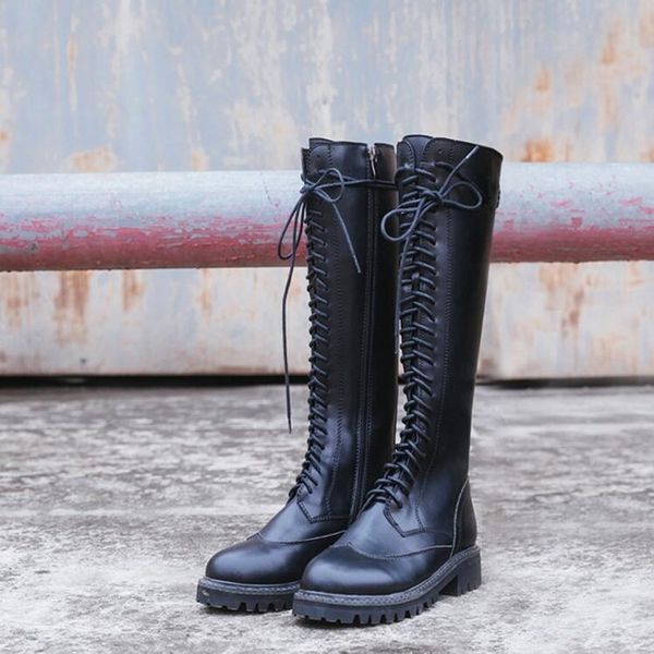

tied genuine leather cross autumn winter black high fashion side zipper round toe thick bottom female knight boots