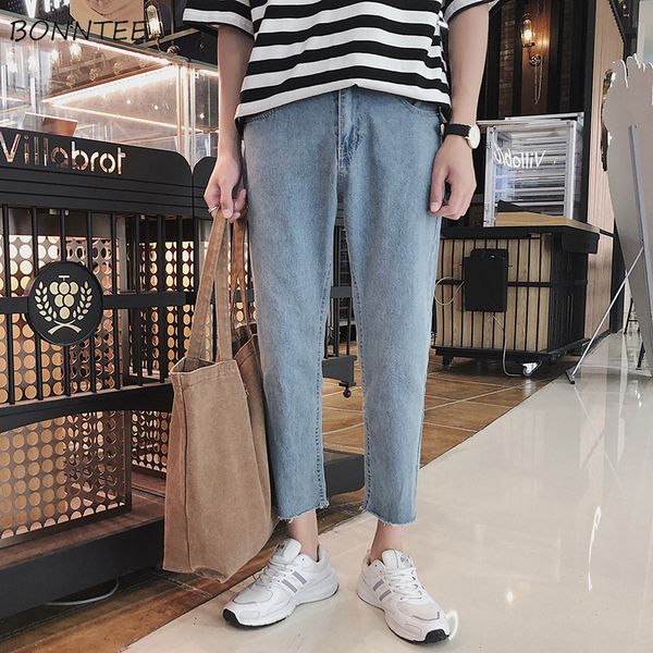 

men's jeans men straight spring slim fur-lined elastic korean style loose mens chic simple streetwear bleached students trousers, Blue