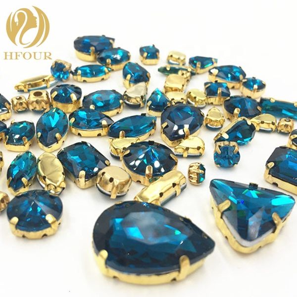 

peacock blue mixed shape glass sew on rhinestone with gold claw for dress