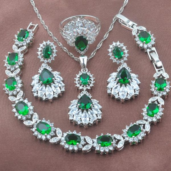 

luxurious for women wedding jewelry sets green cubic zirconia earring womens pendant necklaces jewelry rings bracelet yz0476, Silver