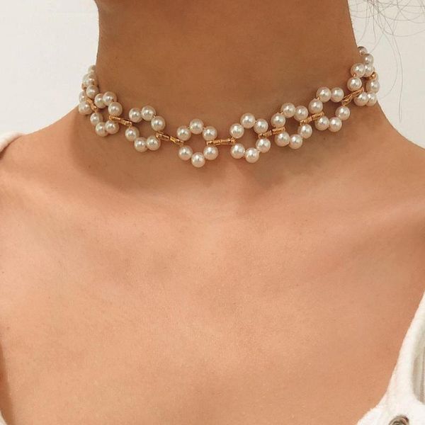 

bohemia pearl flower choker necklace for women vintage gold color chain choker necklace korea wedding neck collar jewelry, Silver