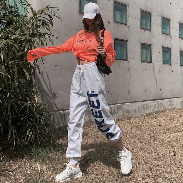 

2020 summer new korean style leisure sports suit round t-shirt pants pants and trousers neck long sleeve t-shirt + trousers east gate women, Gray