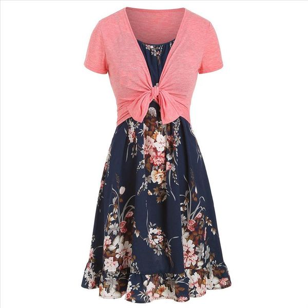 

jaycosin 2019 new summer women suit casual camis vintage flower print ruffles dress with solid crop combination 9042926, Gray