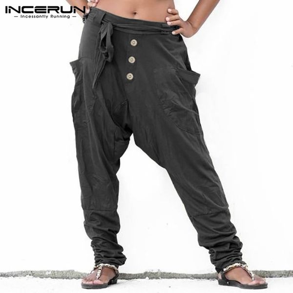 

man loose breathable pantalon streetwear mens pants incerun men solid drop crotch pnats fashion big baggy joggers trousers s-5xl, Black