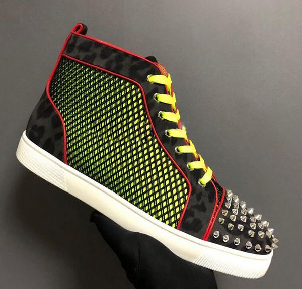 

женщины / мужчины high top red донные yellow чистый leopard кожа спортивная обувь для mens casual плоский мокасины silver заклепки мыском ru, Black