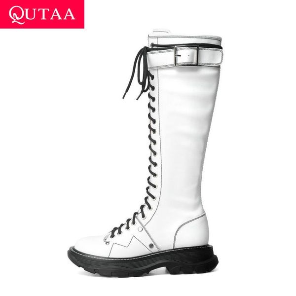 

boots qutaa 2021 buckle round toe motorcycle pu leather lace up zipper women shoes sewing square heel knee high size 34-39, Black