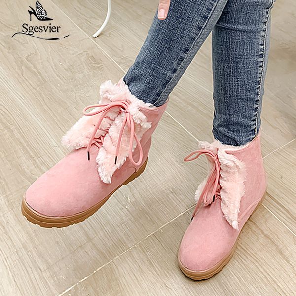 

sgesvier 2020 winter cute womens snow boots thick warm fur ankle boot pink black lolita winter shoes woman flat lace up bootie