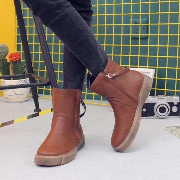 Yeni Artı boyutu Orta Buzağı Boots Kadın Katı Kahverengi Deri Platformu Kadın Çizme Kadın Fermuar Moda Retro Winter Warm Ayakkabı