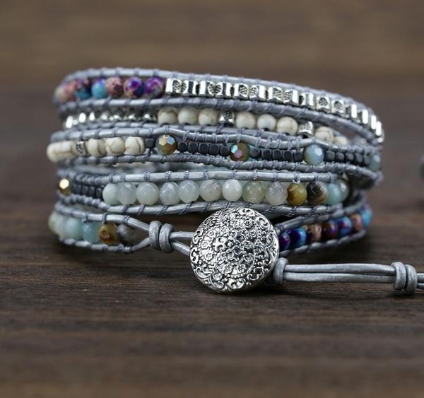 

new unique mixed natural stones charm 5 strands wrap bracelets for women handmade boho bracelet leather bracelet gift jewelry002, Golden;silver