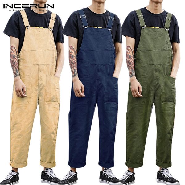 

incerun autumn men corduroy jumpsuit solid color fashion pockets chic straps suspenders overalls streetwear men bib pants s-5xl, Black