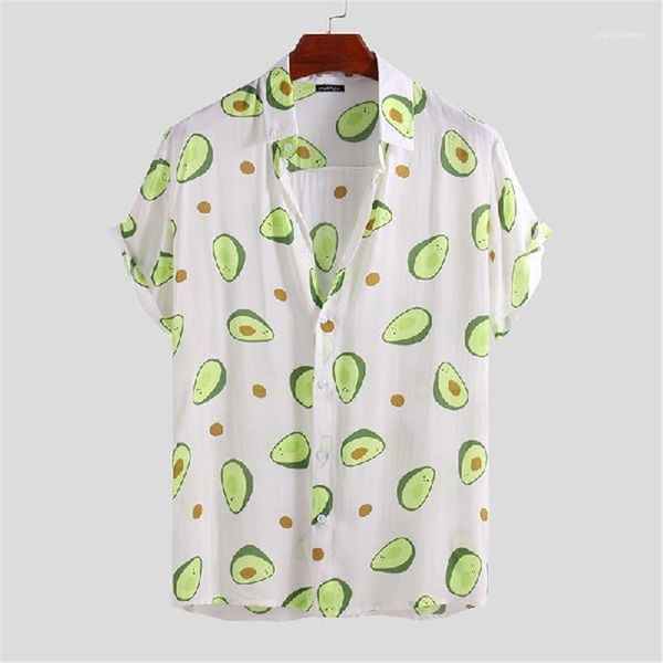 

plus size homme summer male designer shirts avocado printed short sleeve single breasted turndown collar mens tees casual, White;black
