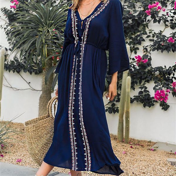 

boho embroidery v neck blue maxi dress three quarter sleeve indie folk fit and flare ankle length dress casual sundress n529, Black;gray