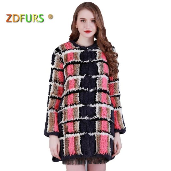 

zdfurs * 2020 new real hand made knitted rex fur coat winter fur outerwear long style grid coat jacket zdkr-165021, Black