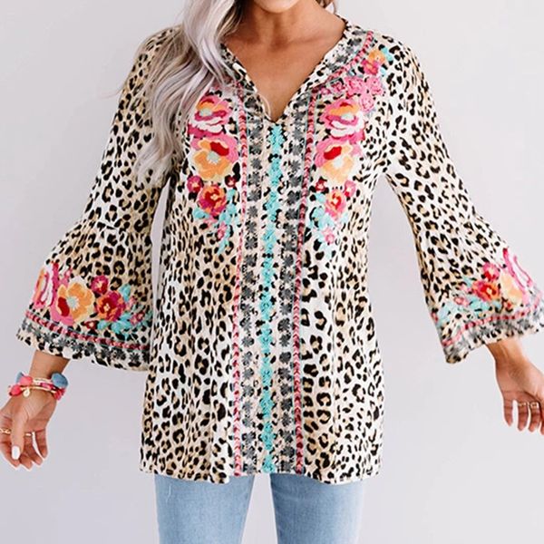 

women's blouses & shirts summer style casual loose v-neck long-sleeved shirt polyester leopard print plus size streetwear women, White