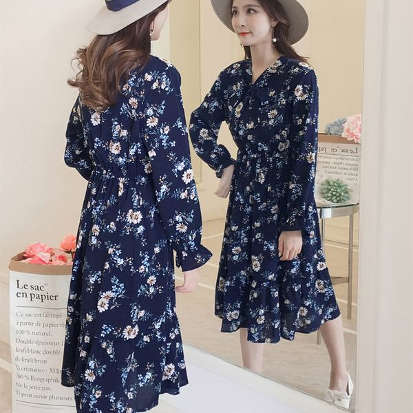 

korean style spring long sleeve dress lady casual summer floral print chiffon shirt dress fashion bow midi dress vintage vestido, Black;gray