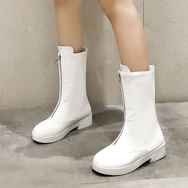 

boots ymechic fashion big size black white front zipper woman shoes chunky heels platform mid calf high female winter 2021