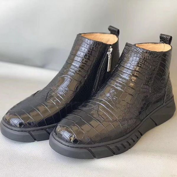 

authentic crocodile belly skin women men casual ankle sneakers boots genuine alligator leather male high-zip shoes, Black