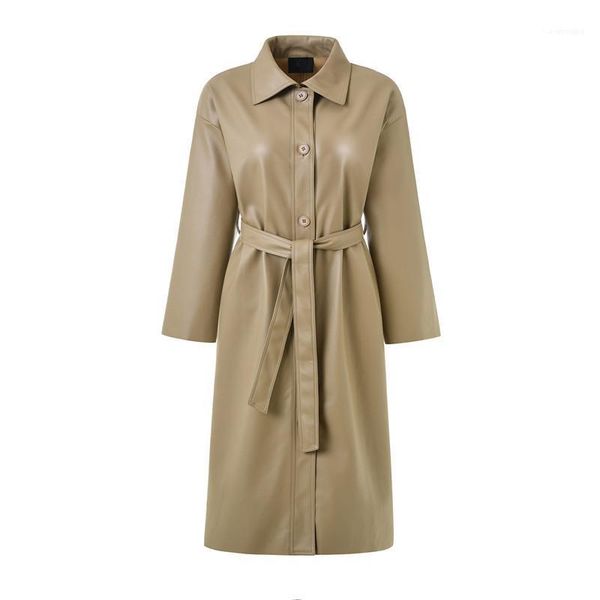 

designer spring autumn trench coat lapel neck windbreaker pu leather long jacket fashion long sleeve casual womens belt outerwear women, Black