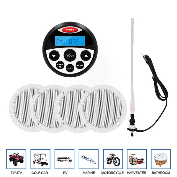 

marine stereo boat audio bluetooth radio car mp3 player for motorcycle atv utv+2 pair 4" waterproof marine speaker+fm am antenna