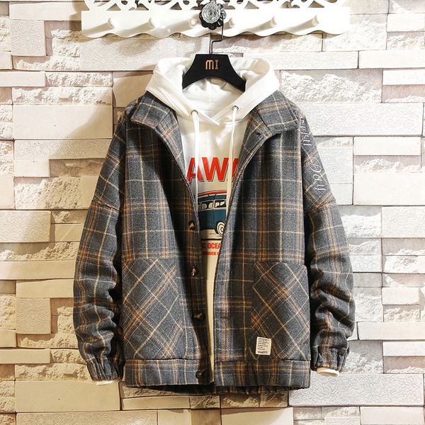 

pocket plaid 2020 spring autumn jacket men's streetwear bomber clothes oversize m-5xl, Black;brown